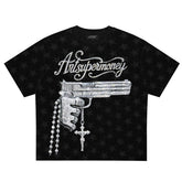 ART SUPER MONEY T-Shirt Holy Guns Con Stampa e Strass Fronte Retro Con Stampa Star Nera
