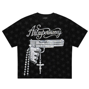 ART SUPER MONEY T-Shirt Holy Guns Con Stampa e Strass Fronte Retro Con Stampa Star Nera