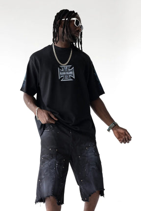 BLACK ISLAND T-Shirt In Cotone Stampa Croce Fronte e Retro Nera