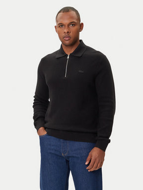 LACOSTE Maglioncino Collo Polo Mezza Zip Misto Lana/Cotone Piqué Logo Tono Su Tono Nero