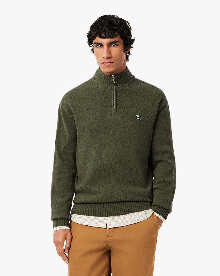 LACOSTE Maglioncino Mezza Zip Basic in 100% Lana Cardata Verde Militare