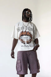 BLACK ISLAND T-Shirt In Cotone Sfumata Con Stampa Bocca In Fiamme e Brillantini