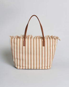 SAINT BARTH Borsa City Regular in canvas a righe nocciola con chiusura a zip e frange