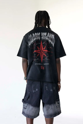 BLACK ISLAND T-Shirt In Cotone Sfumata Con Stampa Bocca e Brillantini Fronte E Stampa Rosa Dei Venti Retro Nera
