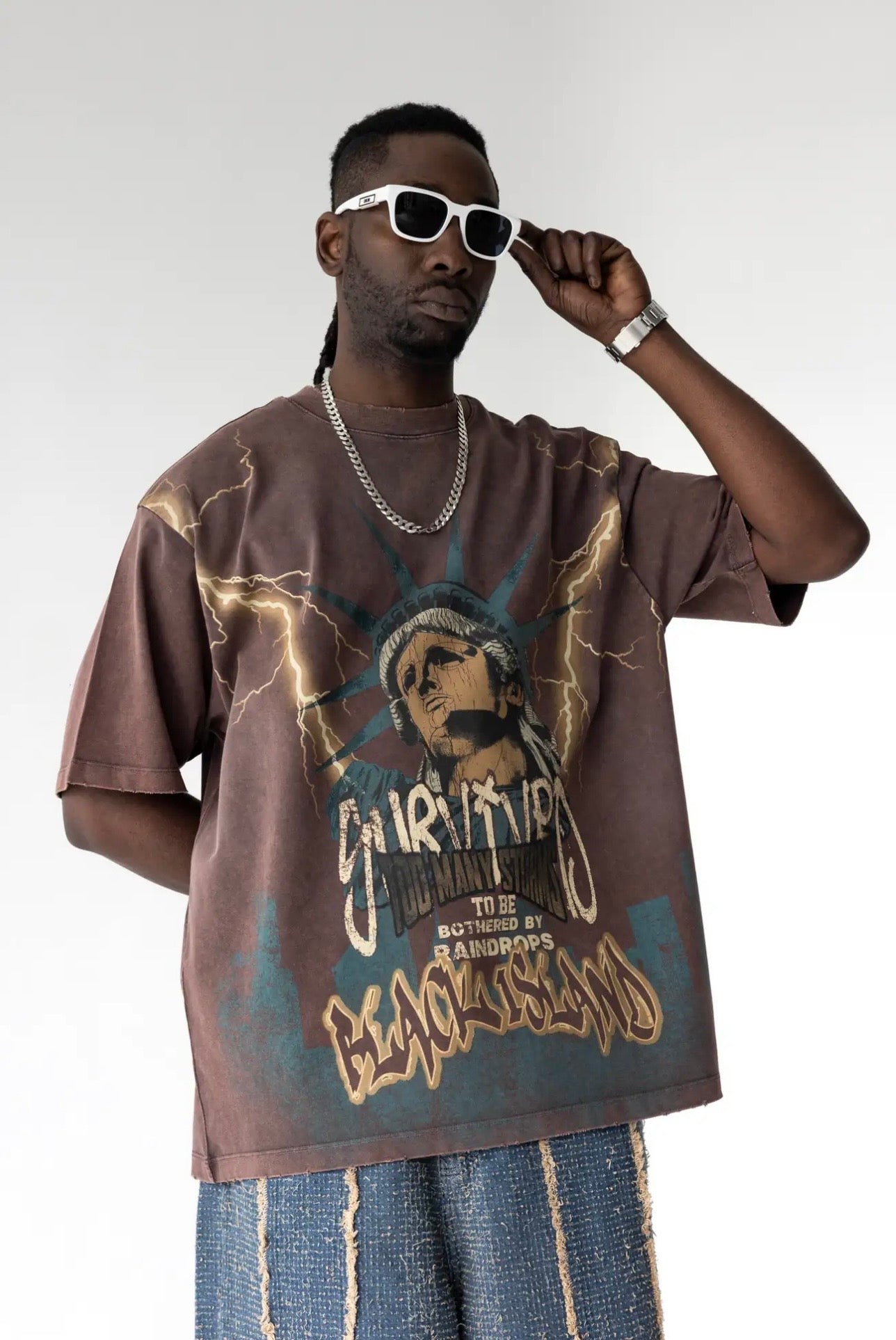 BLACK ISLAND T-Shirt In Cotone Sfumata Cropped Con Stampa Statua Della Libertà Marrone
