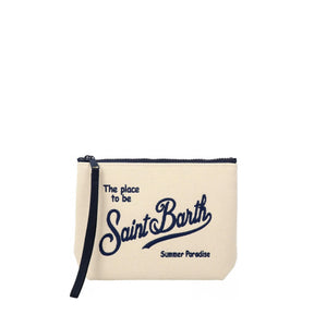 SAINT BARTH Pochette Aline Canvas Beige Logo Ricamato Blu