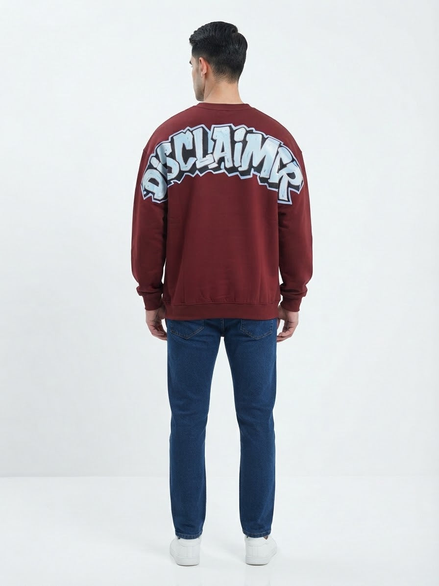 DISCLAIMER Felpa Girocollo Bordeaux Logo Frontale Minimal Bianco e Logo Grande Retro