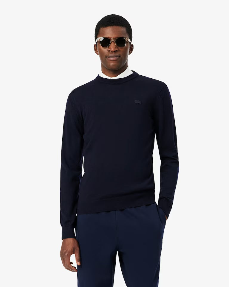 LACOSTE Maglione Girocollo In Lana Merino Logo Tono Su Tono Blu