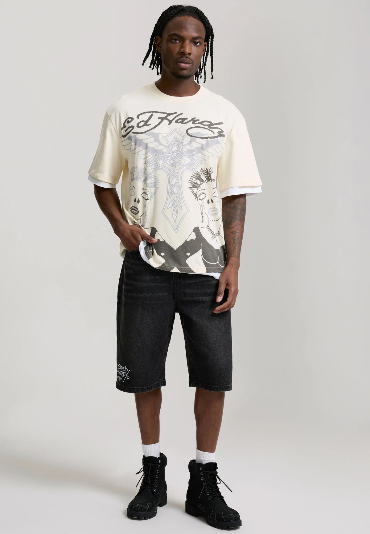 ED HARDY T-Shirt Con Stampa Frontale Panna/Nero