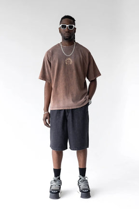 BLACK ISLAND T-Shirt In Cotone Sfumata Cropped Con Stampa Croci Fronte e Retro Marrone