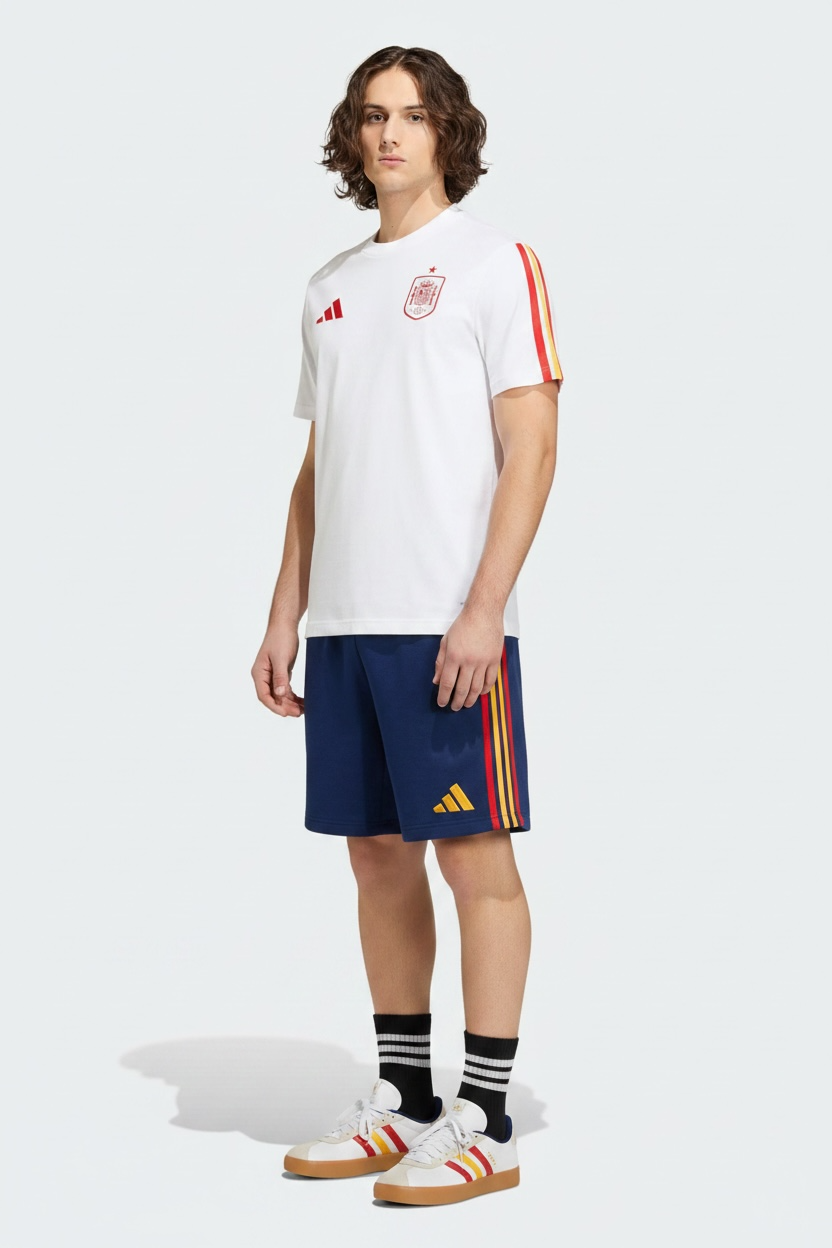 ADIDAS Completino SPAGNA T-Shirt Bianca e Pantaloncino Blu Strisce Gialle/Rosse