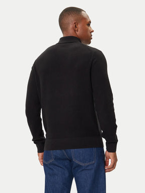 LACOSTE Maglioncino Collo Polo Mezza Zip Misto Lana/Cotone Piqué Logo Tono Su Tono Nero