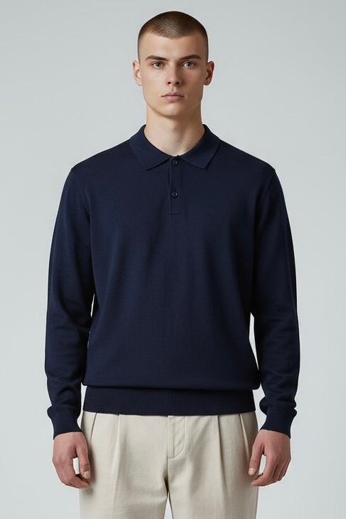 Polo A Maniche Lunghe Made in Italy In Cotone Blu