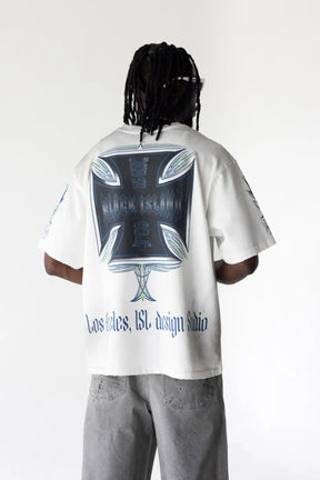BLACK ISLAND T-Shirt In Cotone Stampa Croce Fronte e Retro Bianco Stone Wash