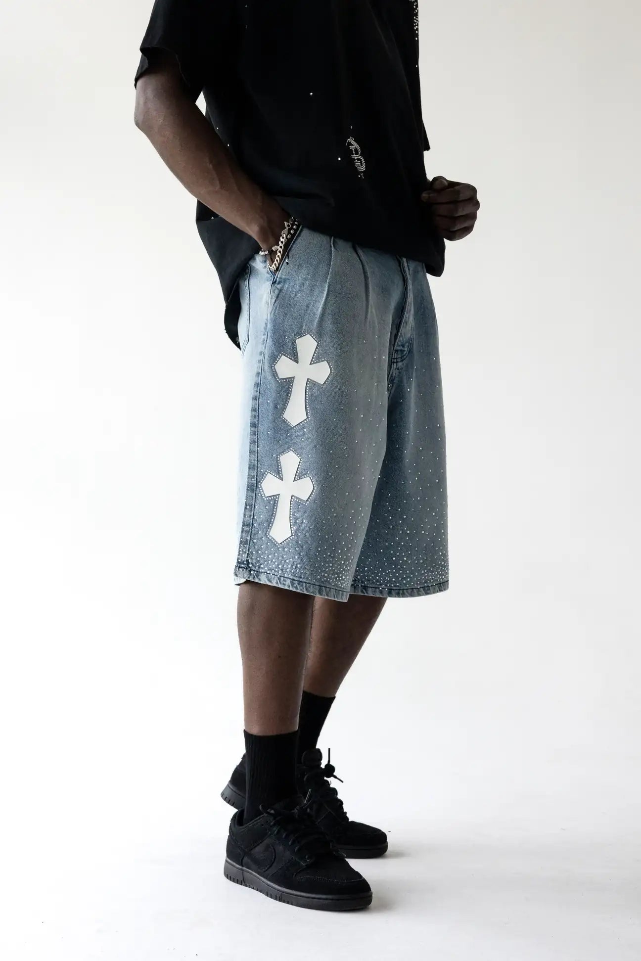 BLACK ISLAND Bermuda Jeans Jorts Con Dettagli Croci e Brillantini