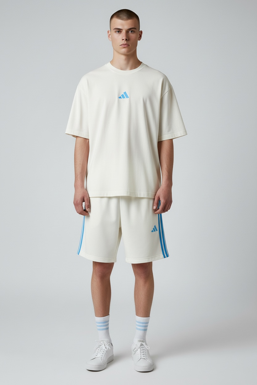 ADIDAS Completino In Cotone Bianco Con Bande Azzurre