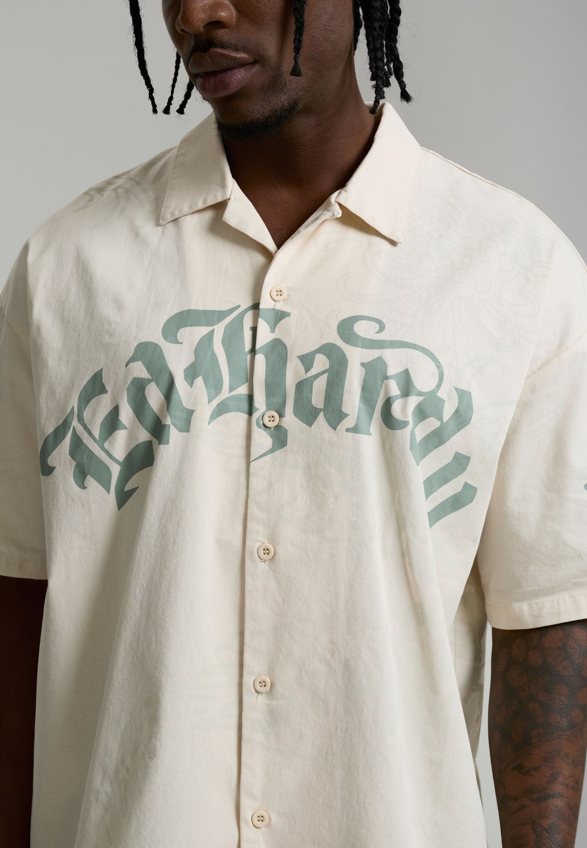 ED HARDY Camicia Mezze Maniche Con Stampa Centrale E Su Manica Panna/Verde