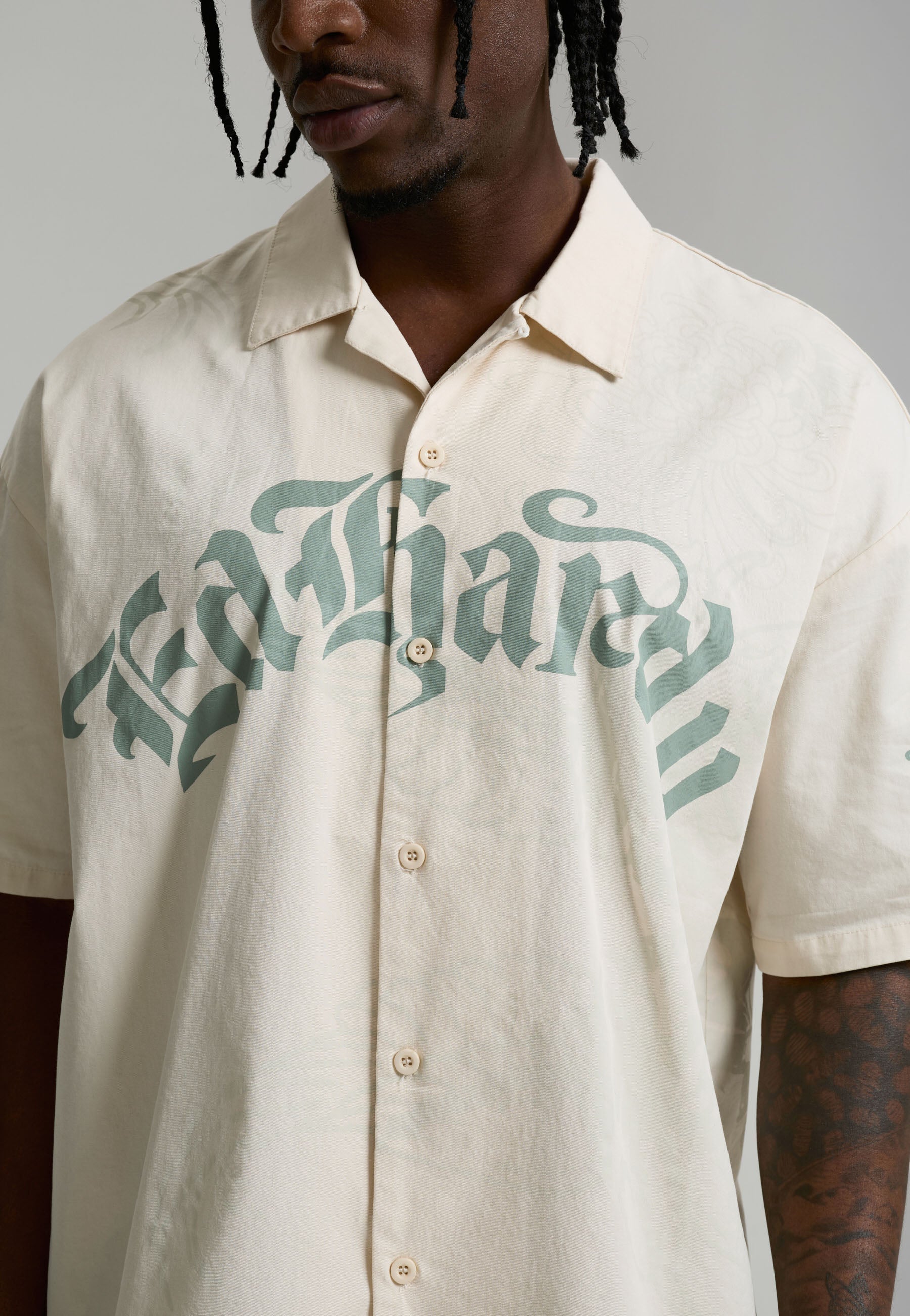 ED HARDY Camicia Mezze Maniche Con Stampa Centrale E Su Manica Panna/Verde