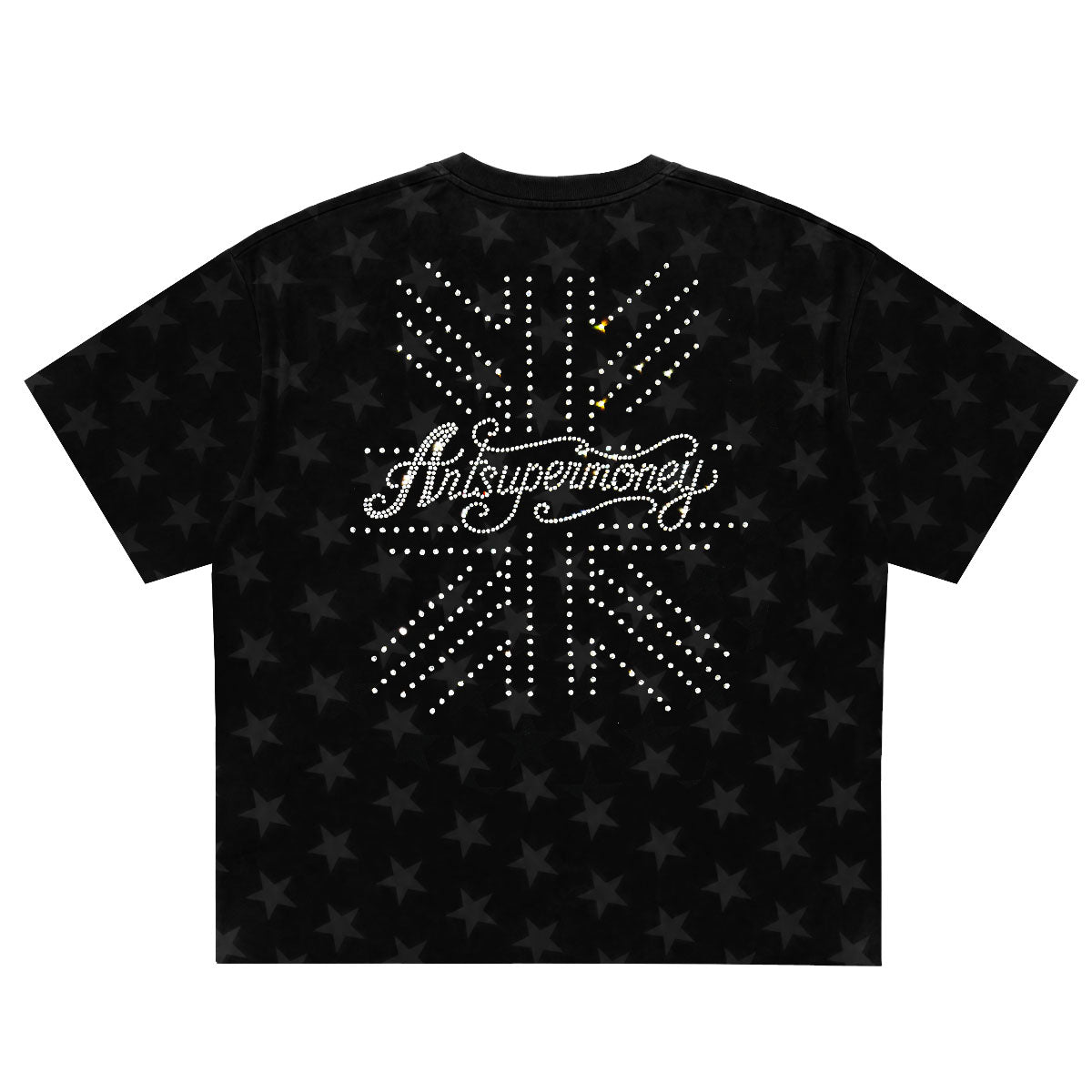 ART SUPER MONEY T-Shirt Holy Tiger Con Stampa e Strass Fronte Retro Con Stampa Star Nera