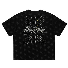 ART SUPER MONEY T-Shirt Holy Tiger Con Stampa e Strass Fronte Retro Con Stampa Star Nera