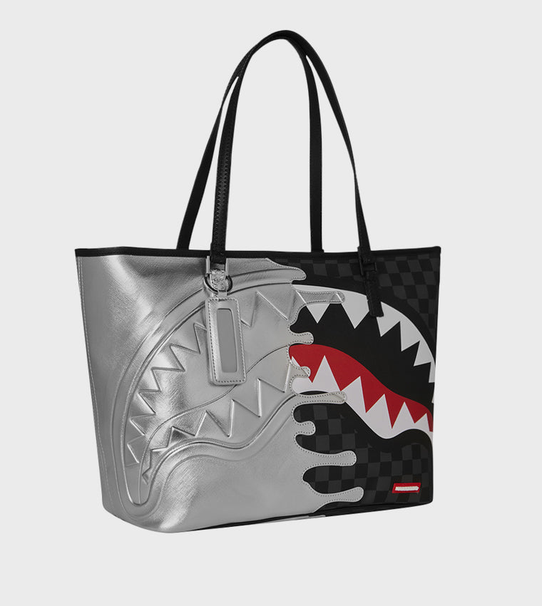 SPRAYGROUND Borsa Shark Melt Metà Argento Metà Scacchi Nera/Argenyo
