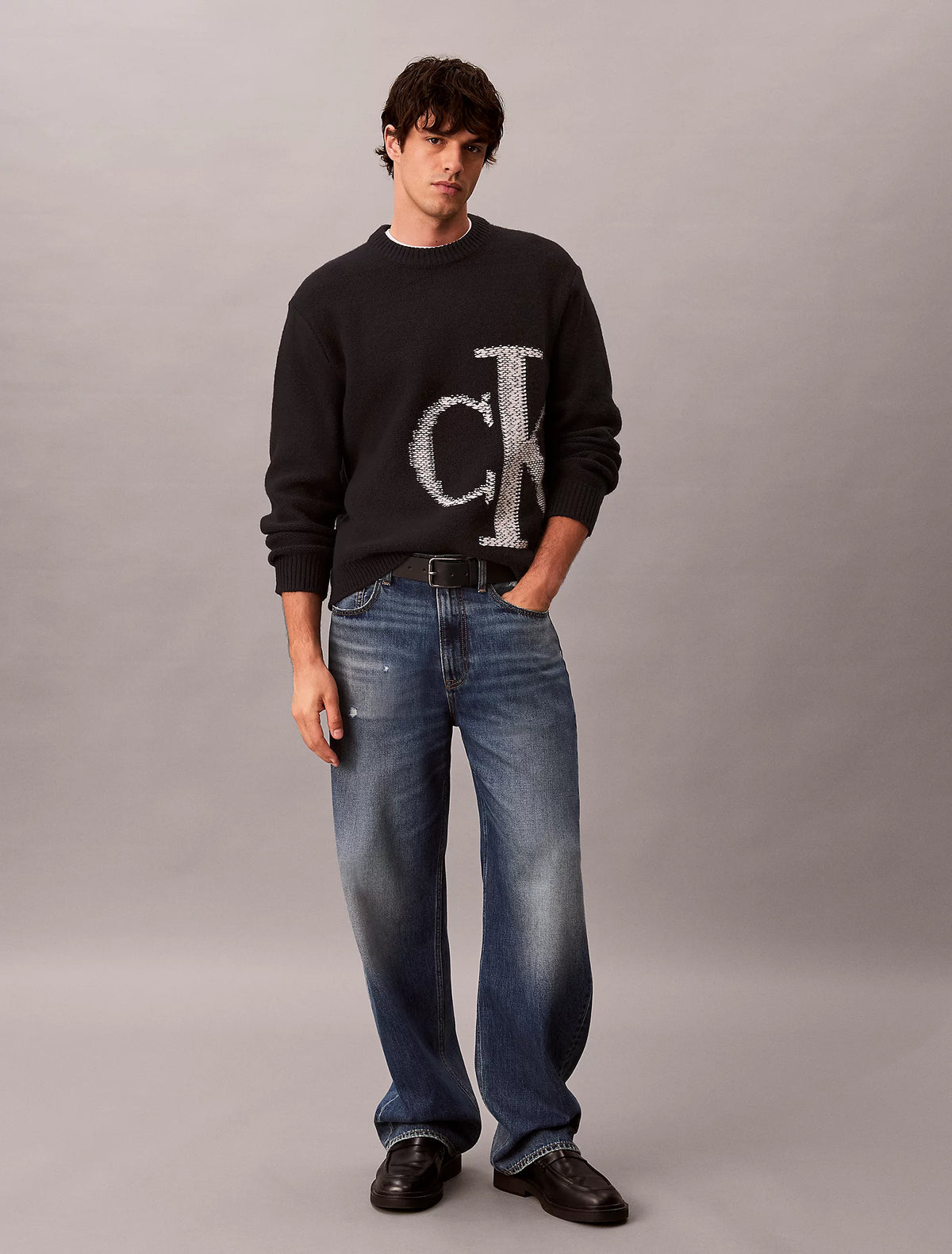 CALVIN KLEIN Maglione In Pura Lana Con Fantasia Logo Monogram Nero 26/27