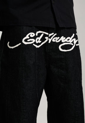 ED HARDY Pantaloncino in Jeans Jorts Con Stampa Avanti E Teschi Ricamati Retro Nero
