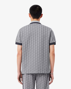 LACOSTE Polo Linea Monogram in Tessuto Jacquard Nera/Grigia