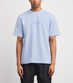 JACQUEMUS T-Shirt In Cotone Con Logo Ricamato Centrale Azzurra