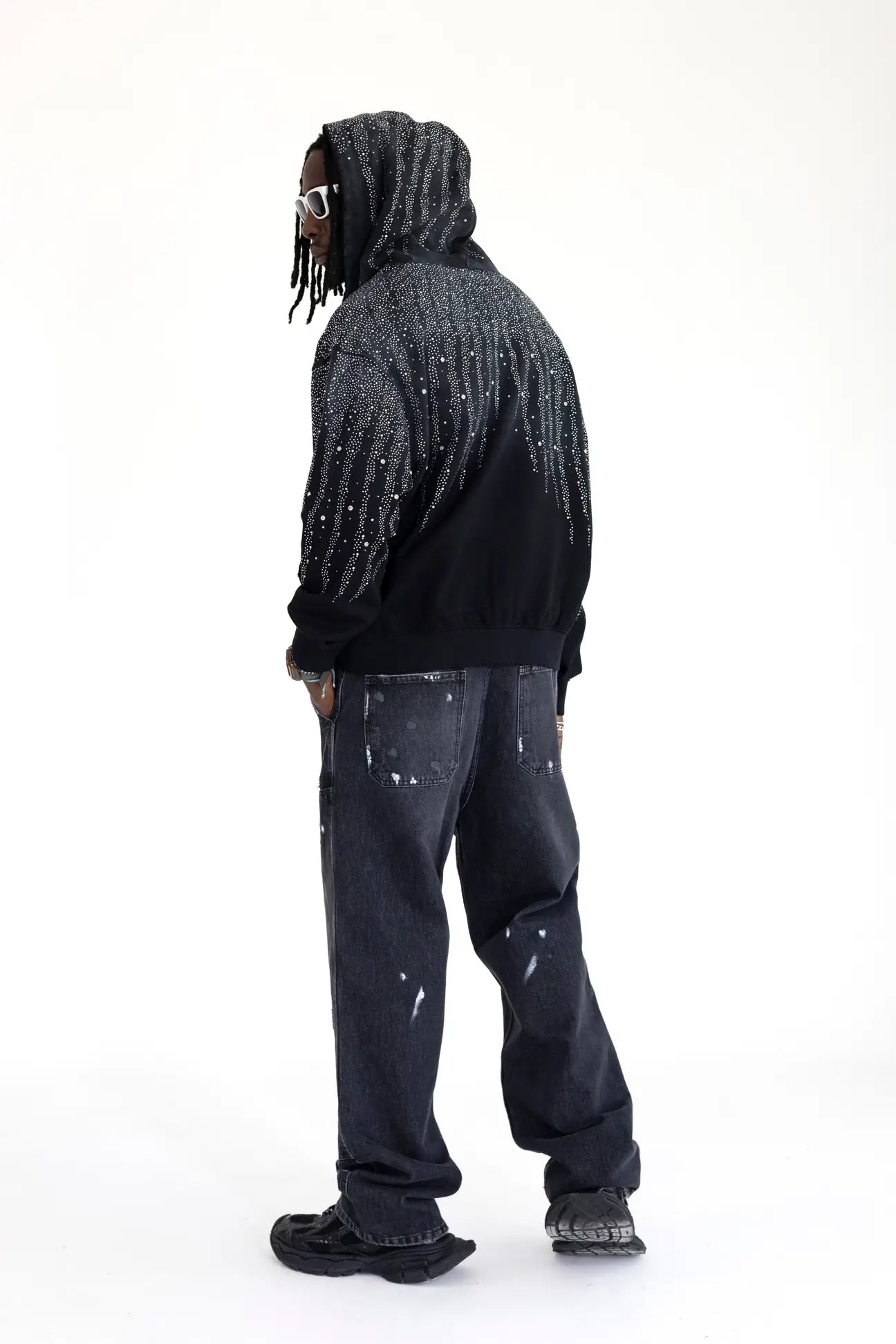 BLACK ISLAND Felpa Con Zip e Cappuccio Con Brillantini Stone Wash Nera/Grigio