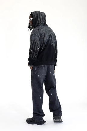 BLACK ISLAND Felpa Con Zip e Cappuccio Con Brillantini Stone Wash Nera/Grigio