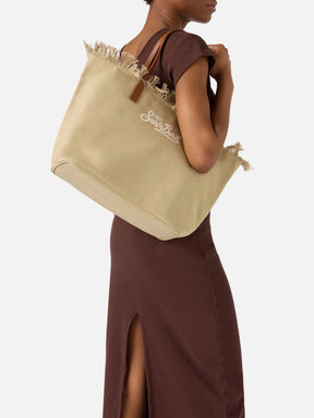 SAINT BARTH BORSA CITY REGULAR IN CANVAS BEIGE CON FRANGE