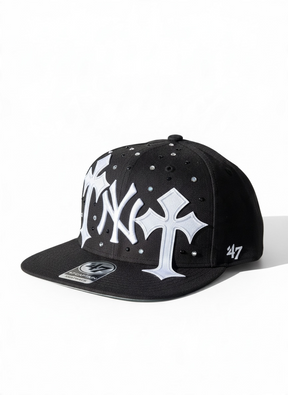 ‘47 CUSTOM Cappello Visiera Piatta Regolabile Personalizzato Con Strass e Croci Nero/Bianco