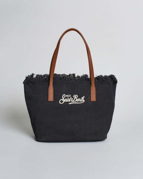 SAINT BARTH Borsa City Medium in cotone Nera con chiusura a zip e frange