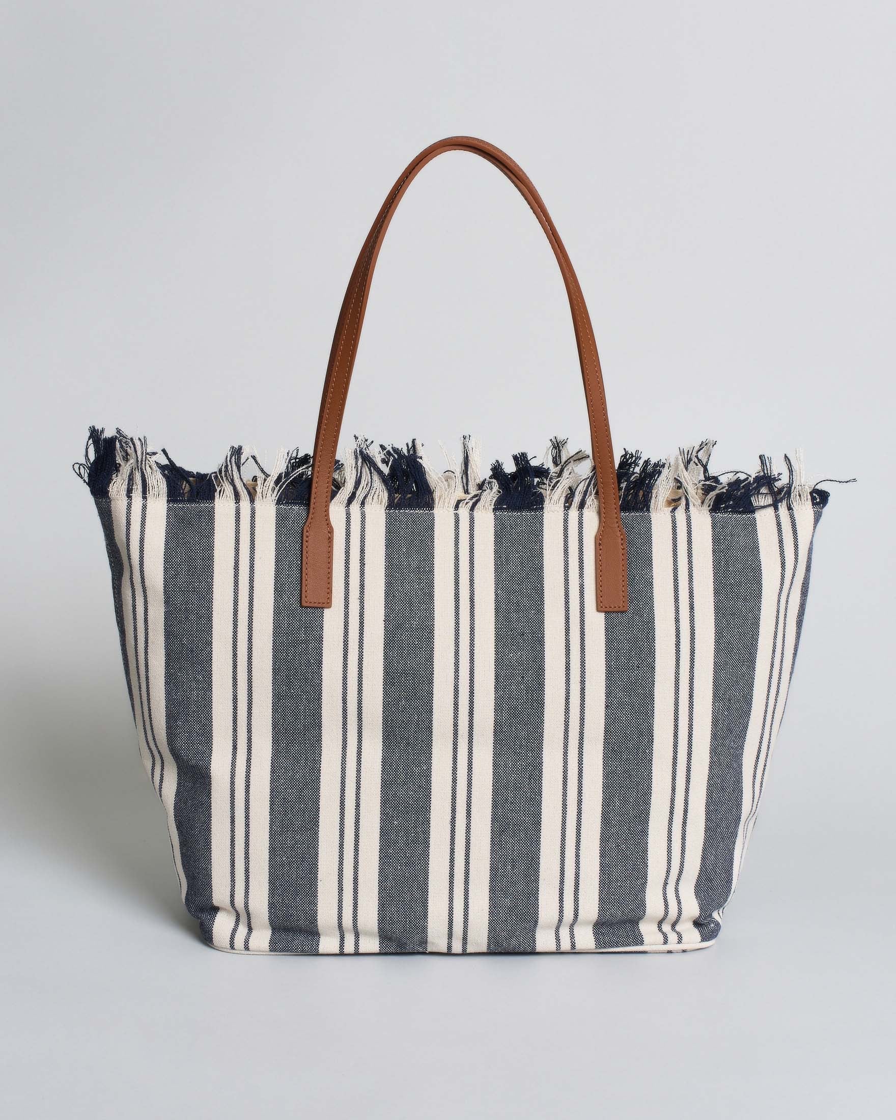 SAINT BARTH Borsa City Regular in canvas blu a righe bianche con chiusura a zip e frange
