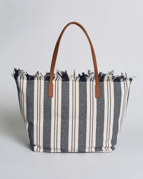 SAINT BARTH Borsa City Regular in canvas blu a righe bianche con chiusura a zip e frange