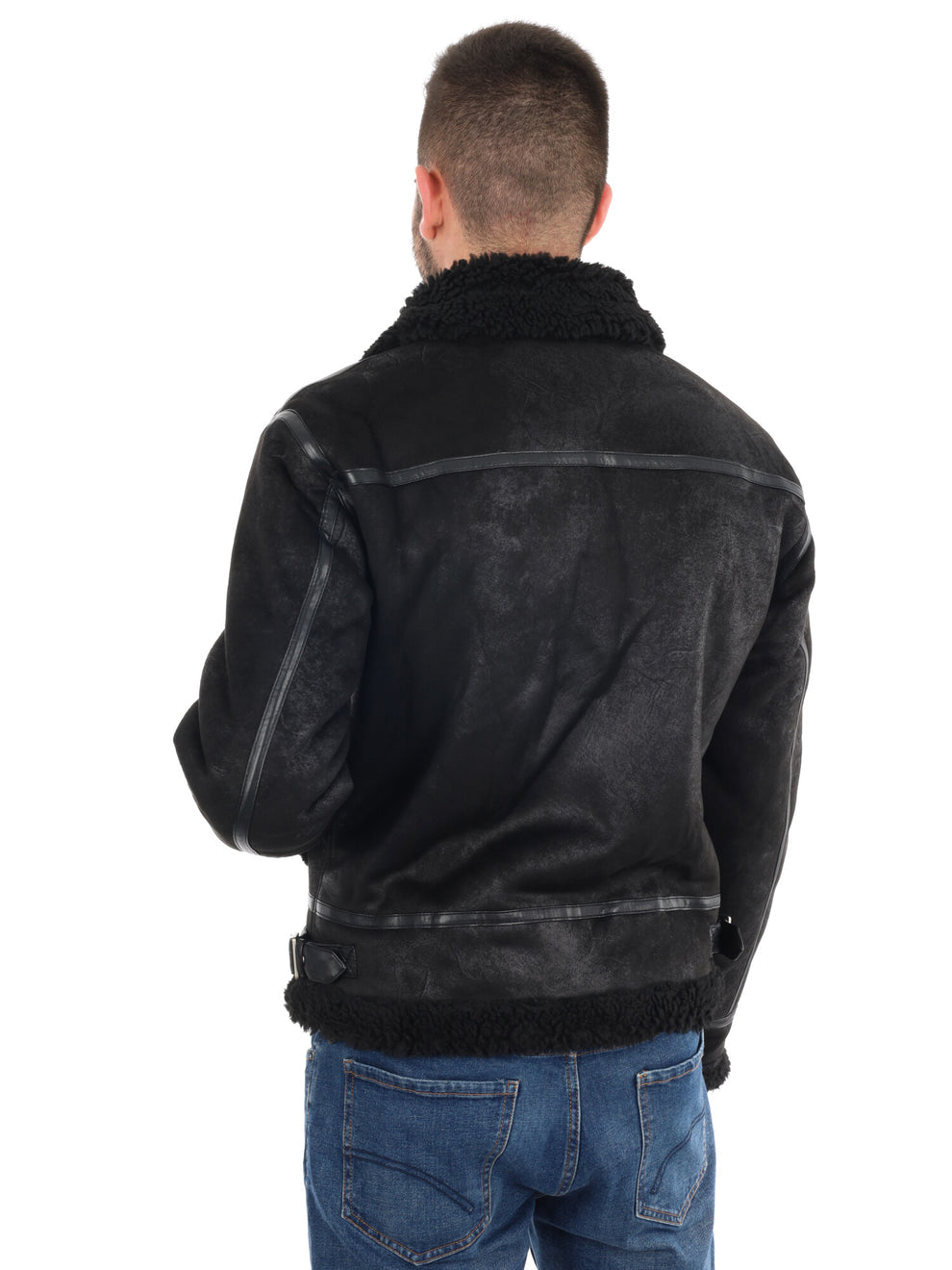 GIANNI LUPO Giacca In Ecopelle Con Pelliccia Sul Collo Nera