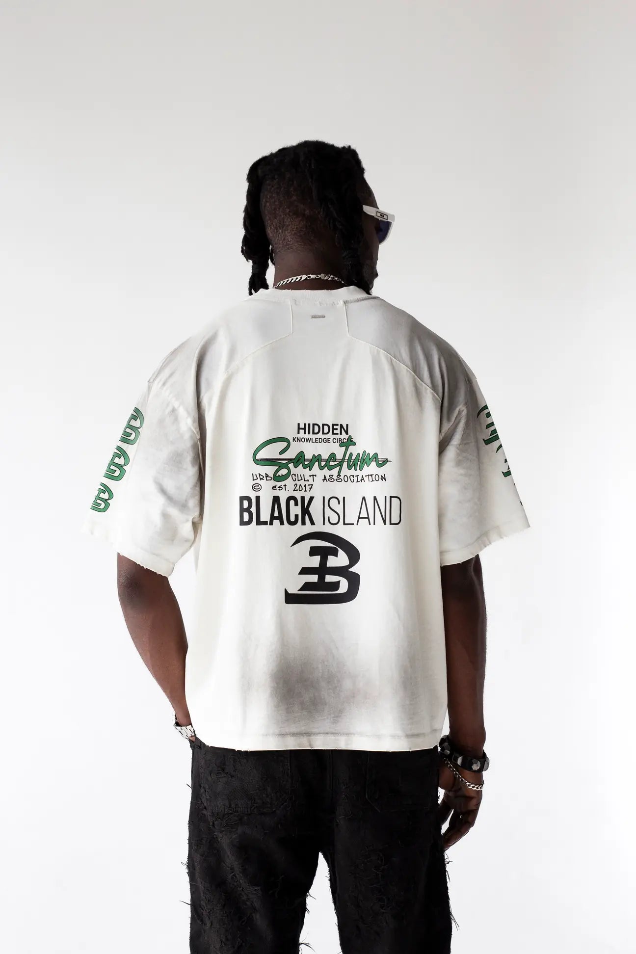 BLACK ISLAND T-Shirt In Cotone Sfumata Cropped Con Stampa Gotica Fronte e Retro Bianca/Nera/Verde