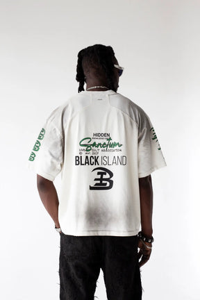 BLACK ISLAND T-Shirt In Cotone Sfumata Cropped Con Stampa Gotica Fronte e Retro Bianca/Nera/Verde
