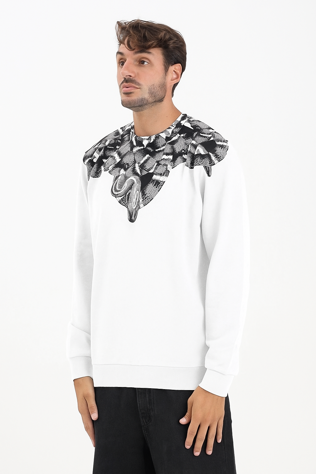 MARCELO BURLON COUNTY OF MILAN Felpa girocollo bianca da uomo con stampa serpente Bianca/Nera/Grigia