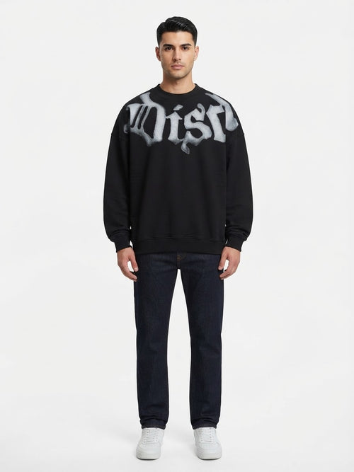 DISCLAIMER Felpa Oversize Girocollo Nera Logo Frontale Grigio Chiaro a Contrasto