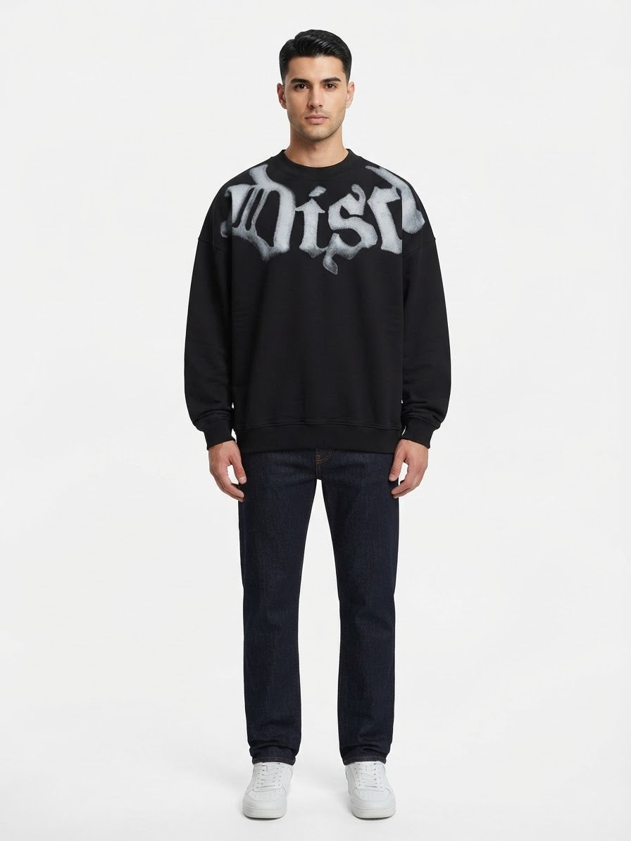 DISCLAIMER Felpa Oversize Girocollo Nera Logo Frontale Grigio Chiaro a Contrasto