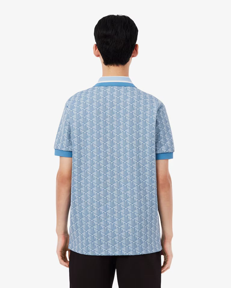 LACOSTE Polo Linea Monogram in Tessuto Jacquard Azzurra