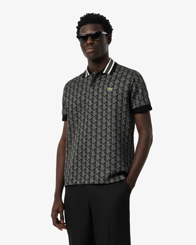 LACOSTE Polo Linea Monogram in Tessuto Jacquard Nera