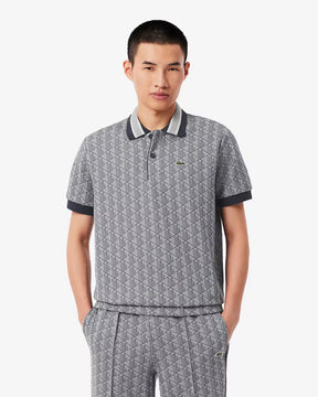 LACOSTE Polo Linea Monogram in Tessuto Jacquard Nera/Grigia