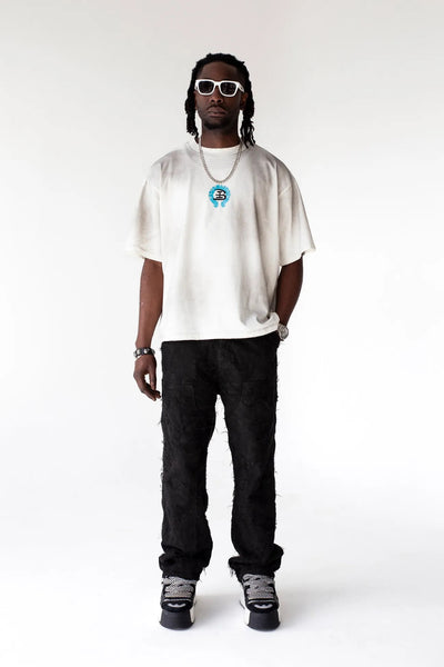 BLACK ISLAND T-Shirt In Cotone Bianca Sfumata Effetto Sporco Cropped Con Stampa Azzurra