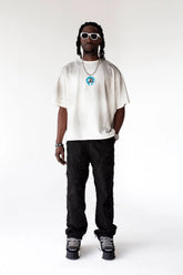 BLACK ISLAND T-Shirt In Cotone Bianca Sfumata Effetto Sporco Cropped Con Stampa Azzurra