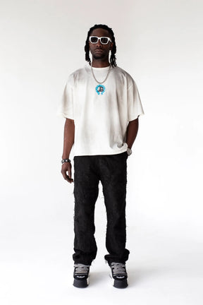 BLACK ISLAND T-Shirt In Cotone Bianca Sfumata Effetto Sporco Cropped Con Stampa Azzurra