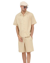 LACOSTE Coordinato Camicia Mezze Maniche e Pantaloncino Rigato Beige