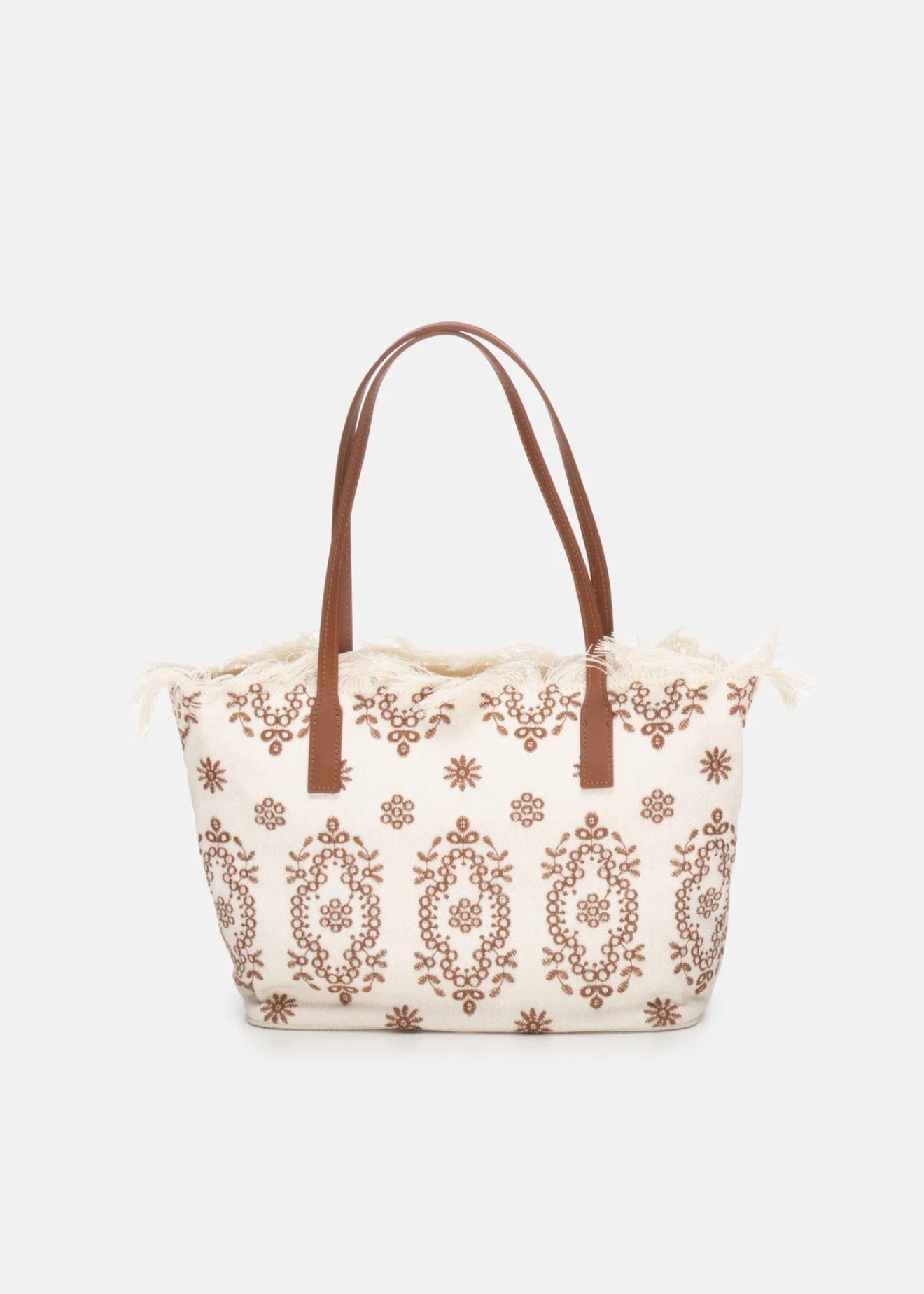 SAINT BARTH Borsa City regular in Sangallo con Frange Panna Dettagli e Logo Ricamati Marrone